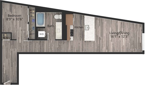 Floor plan for 1 bed, 1 bath, 829 sqft